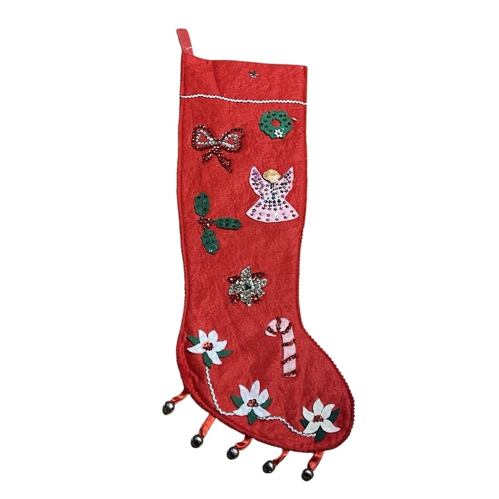 VTG Red Christmas Stocking Felt Handmade Bells Holly Angel Cane 19" Tall Sequin